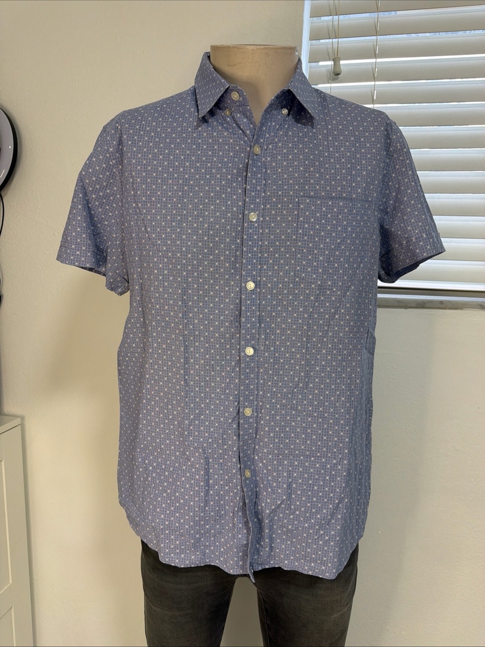 Reaction Kenneth Cole Shirt Blue White Plaid Button Front Short Sleeve Size L